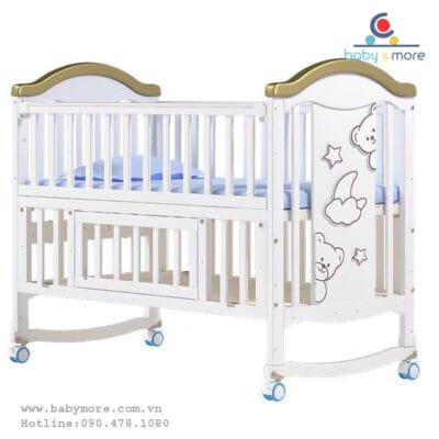Nôi Cũi đa năng kéo dài 6 in 1 màu trắng (tặng màn,bánh xe)