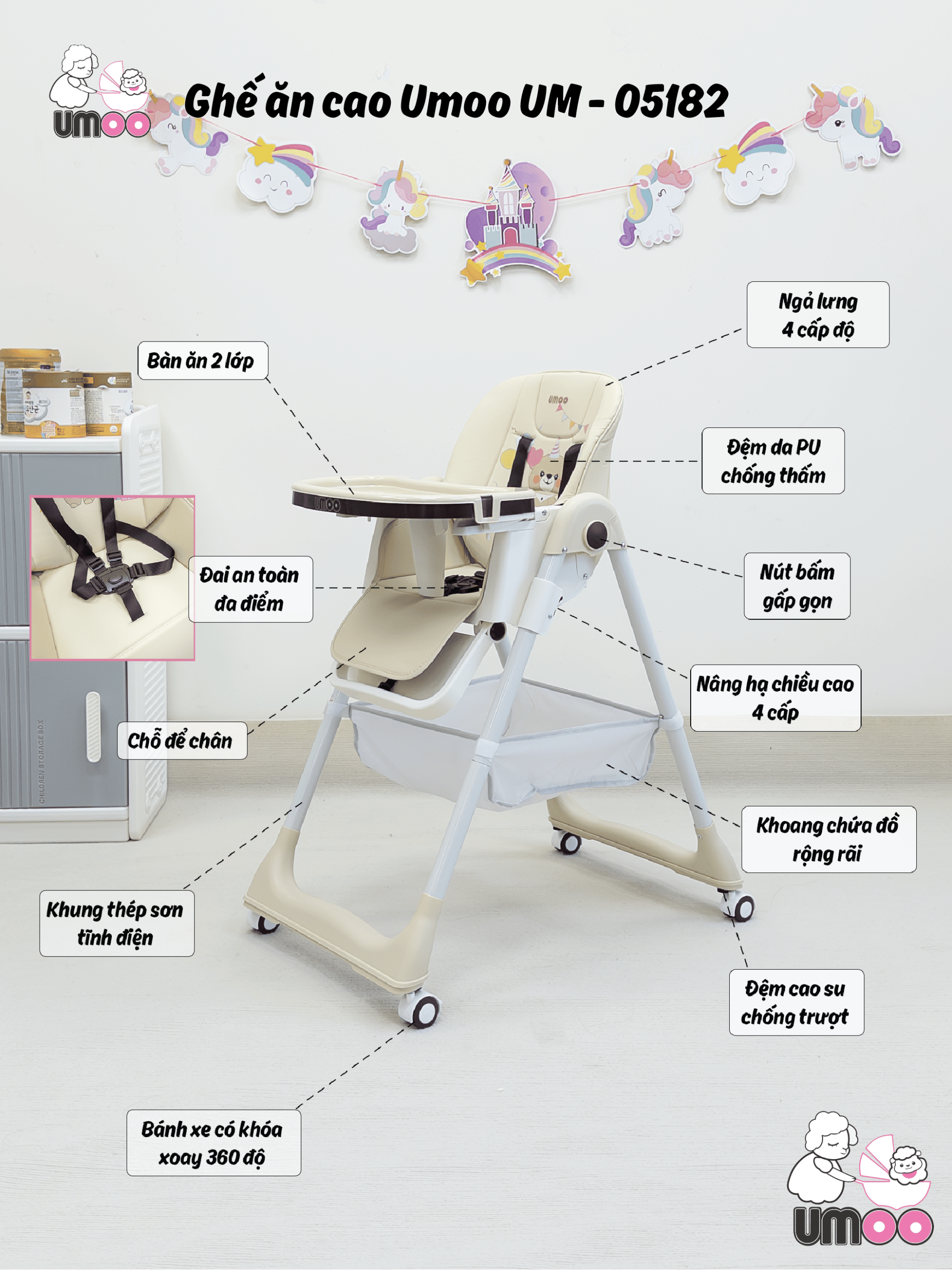 Ghế ăn dặm UMOO 05182(4 chế độ ngả lưng,4 nấc cao)