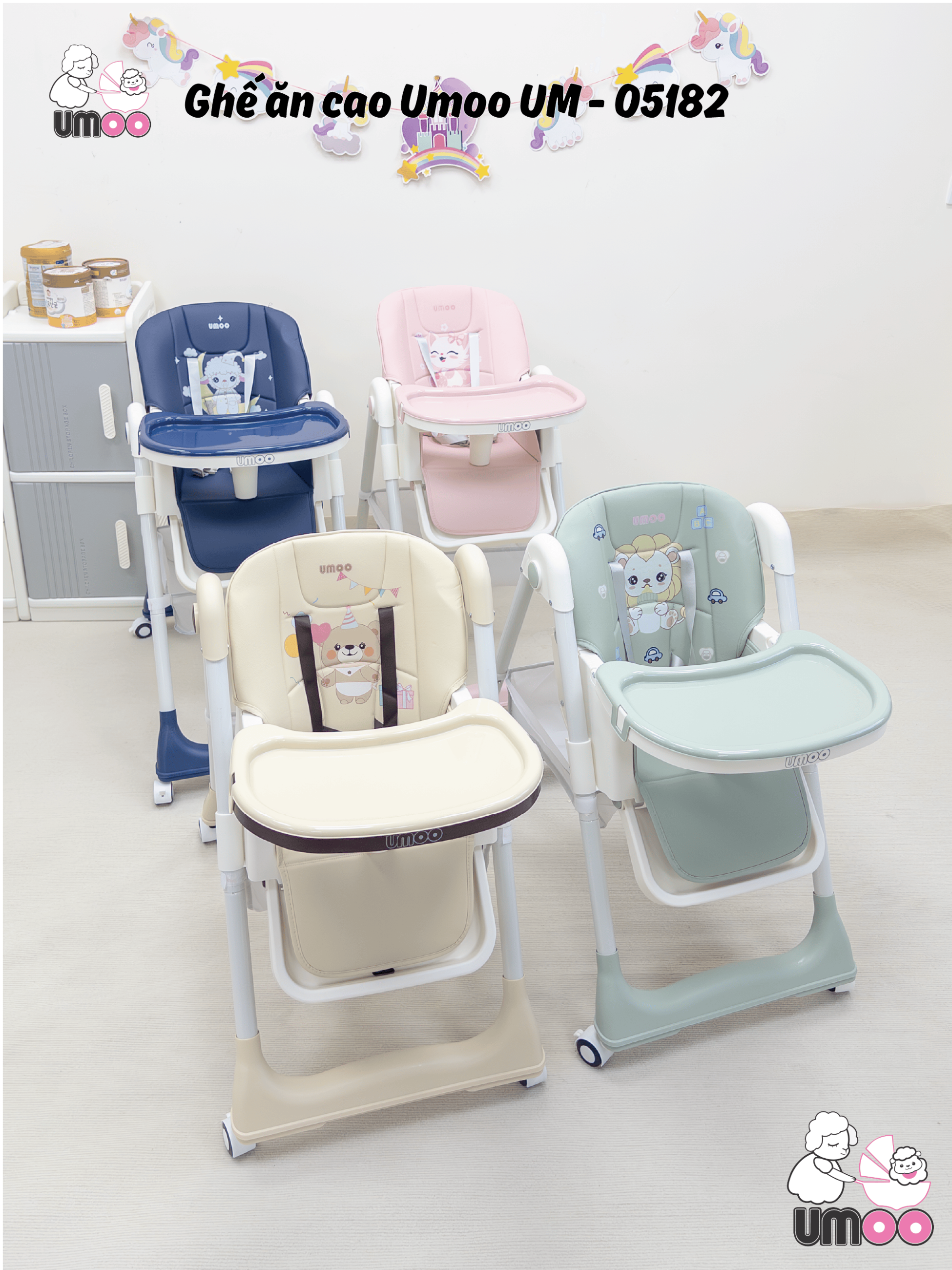 Ghế ăn dặm UMOO 05182(4 chế độ ngả lưng,4 nấc cao)