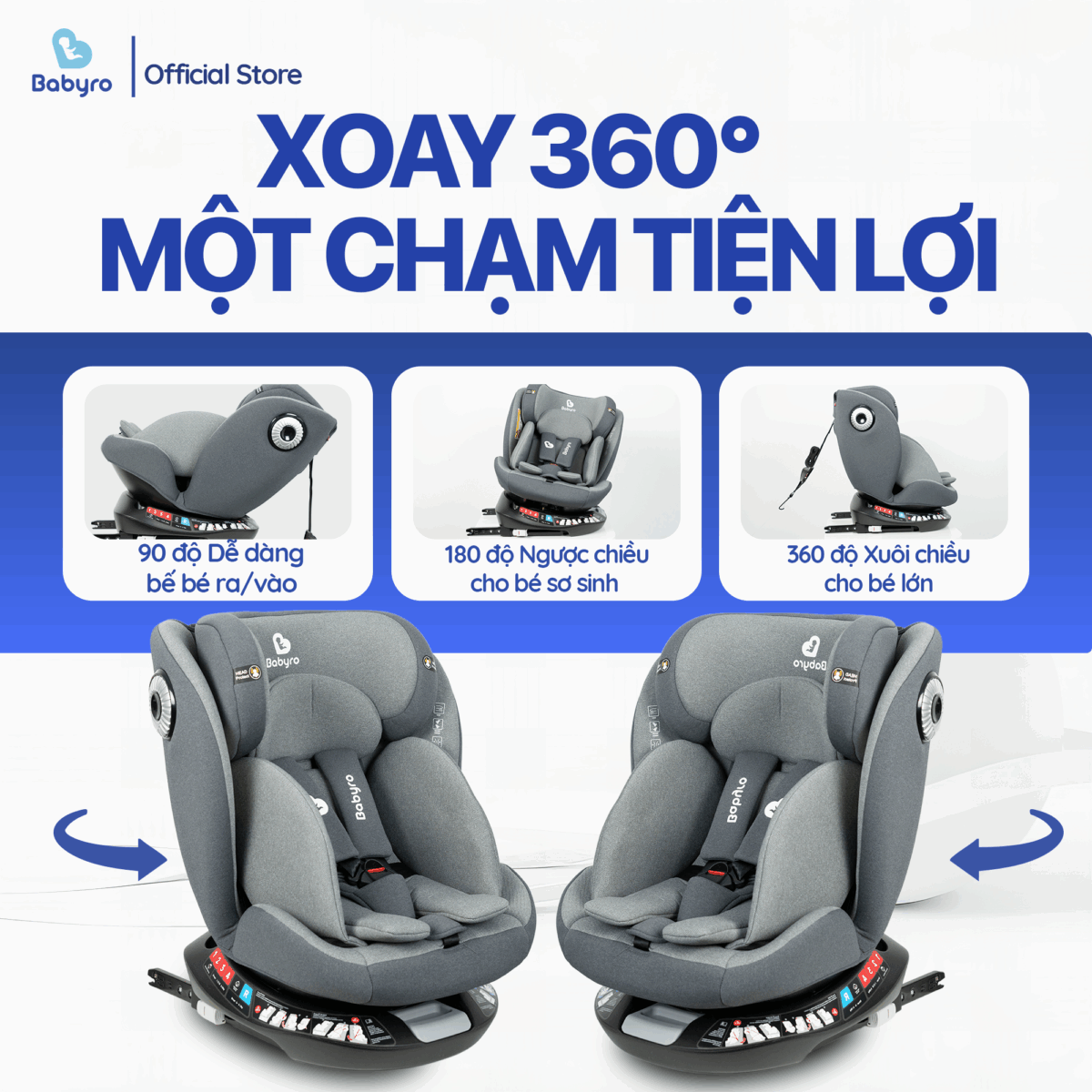 Ghế ngồi ô tô trẻ em BABYRO SPINSAFE isofix xoay 360 độ 0-12 tuổi