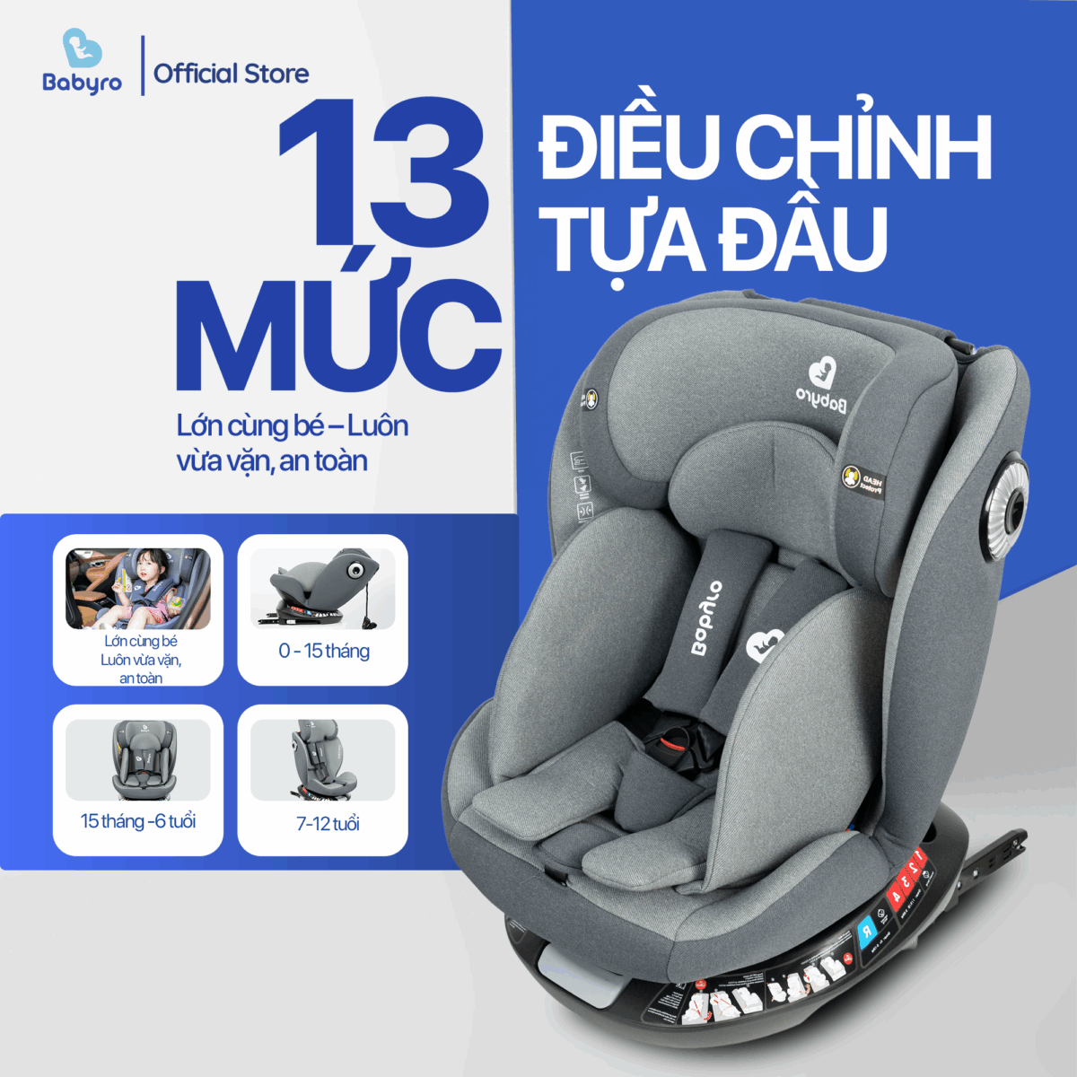 Ghế ngồi ô tô trẻ em BABYRO SPINSAFE isofix xoay 360 độ 0-12 tuổi